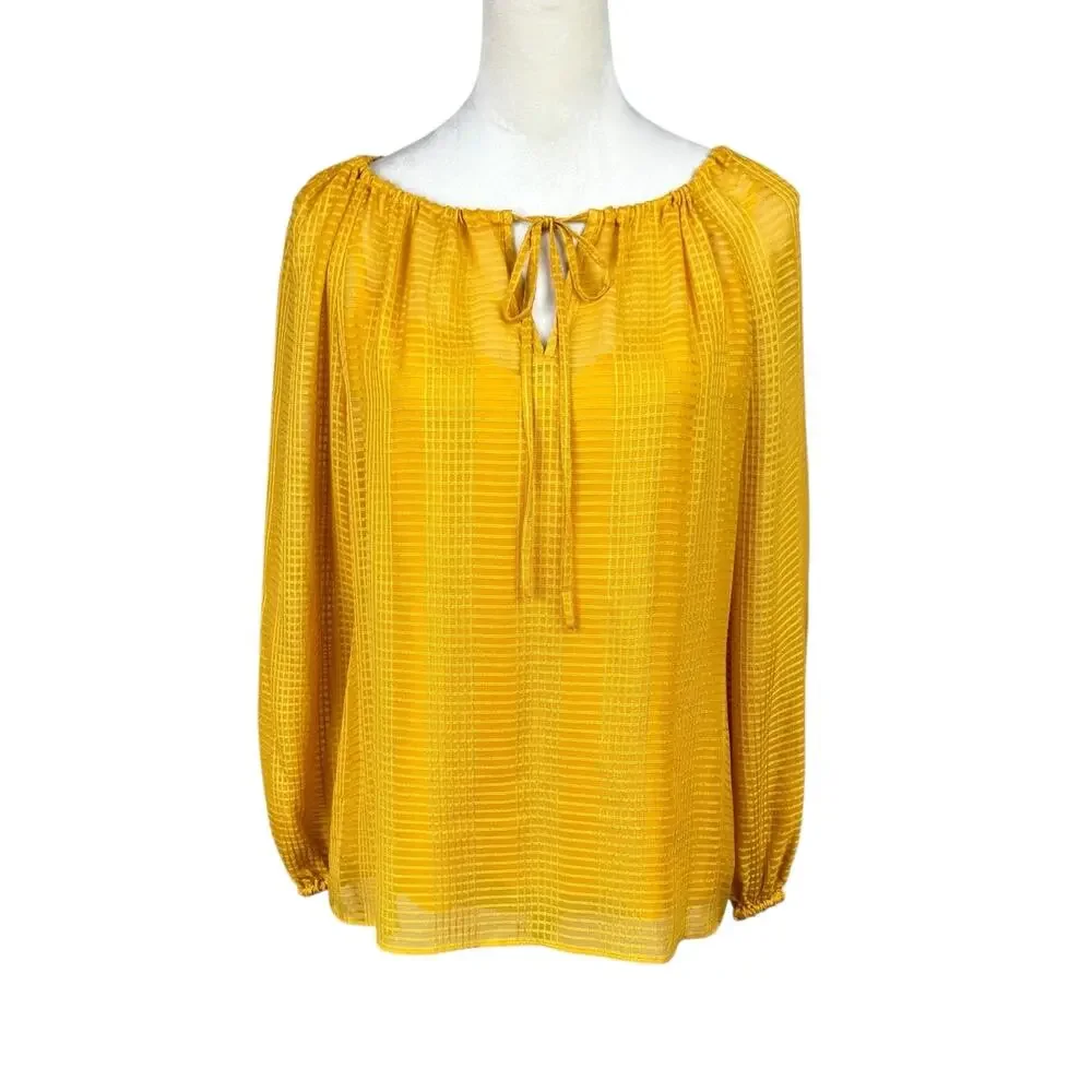 Tory Burch NWT Womens Yellow Natalie Grid Textured Georgette Top with Camisole